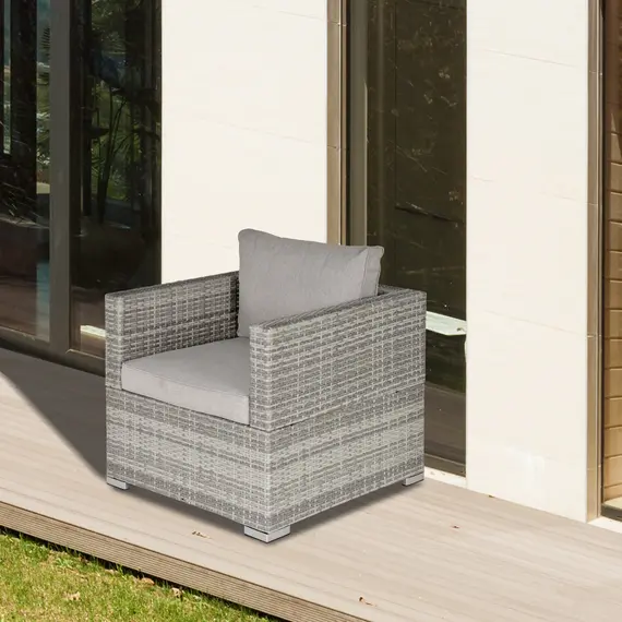Buy Single Seater Rattan Chair Sofa with Padded Cushions, All-Weather PE Wicker Weave Garden Armchair with Armrests, Grey, 2 image