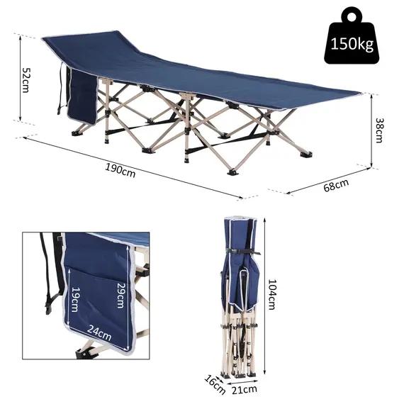 Buy Single Person Camping Bed Folding Cot Outdoor Patio Portable Military Sleeping Bed Travel Guest Leisure Fishing with Side Pocket and Carry Bag - Blue, 3 image