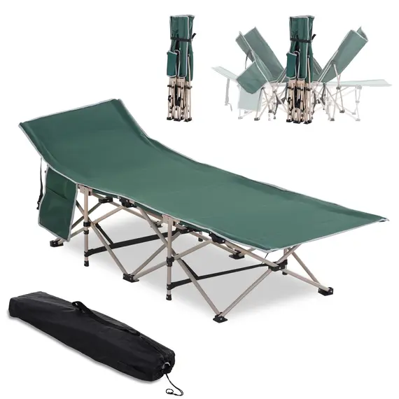 Buy Single Person Camping Bed Folding Cot Outdoor Patio Portable Military Sleeping Bed Travel Guest Leisure Fishing with Side Pocket and Carry Bag - Green