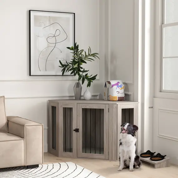 Buy 2 in 1 Dog Crate Furniture Side Table, with Cushion, 122 x 61 x 71cm - Walnut Brown, 2 image
