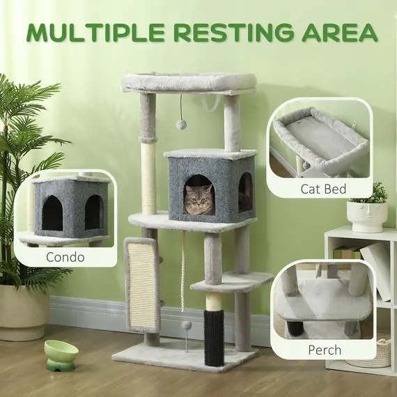 Buy 132cm Cat Tree w/ Scratching Posts, Pad, Cat Bed, Cat House, Jumping Platform, Grooming Brush, Anti-Tip Kit, Light Grey, 4 image