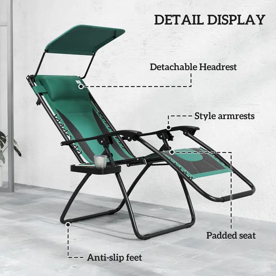 Buy Zero Gravity Lounger Chair Set of 2, Folding Reclining Patio Chair with Shade Cover, Padded Seat, Cup Holder, Soft Cushion and Headrest for Poolside, Camping, Green, 5 image
