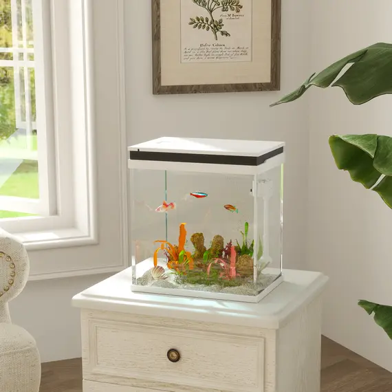 Buy 14L Glass Fish Tank with Filter System, LED Lights, Water Pump, White, 2 image