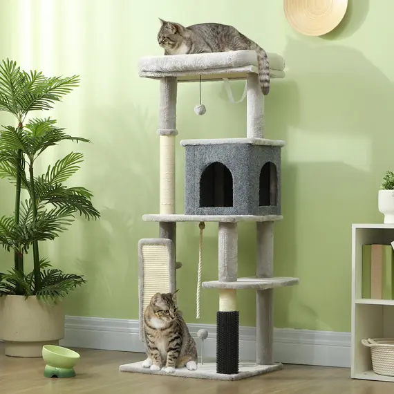 Buy 132cm Cat Tree w/ Scratching Posts, Pad, Cat Bed, Cat House, Jumping Platform, Grooming Brush, Anti-Tip Kit, Light Grey, 2 image