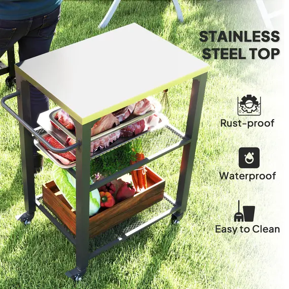 Buy Three-Shelf Outdoor Grill Cart with Stainless Steel Top, Outdoor Kitchen Island with 4 Wheels, 3 Hooks, Movable Food Prep Pizza Oven Table for Kitchen, Patio, Garden, 65.5 x 41 x 79 cm, 4 image