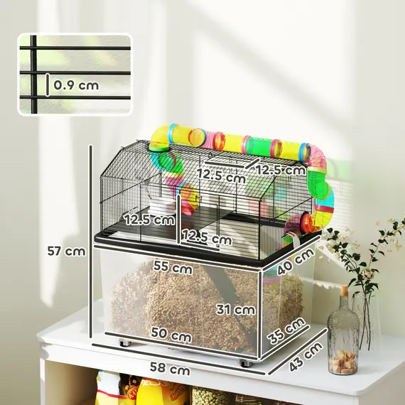 Buy 2 Tier Hamster Cage with 31cm Deep Tray, Tube System, Water Bottle, Ramp, Feeding Bowl, 58 x 43 x 57cm, Multicolour, 3 image