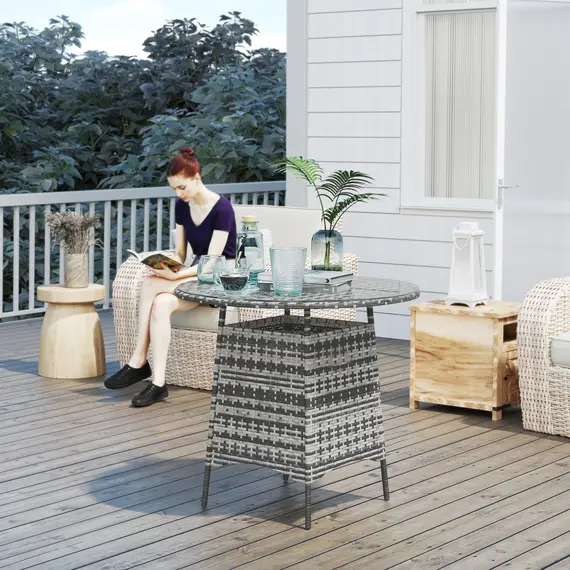 Buy Wicker Garden Rattan Table, Patio Furniture Outdoor Coffee Table with Umbrella Hole and Tempered Glass Top, Grey, 2 image