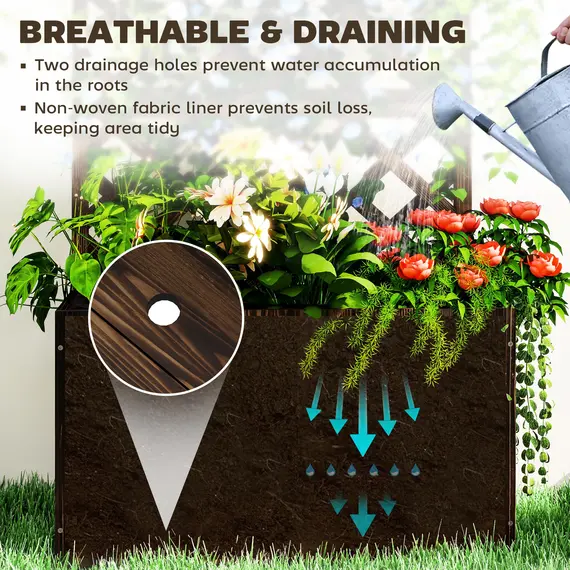 Buy Wooden Planter with Trellis, Freestanding Raised Garden Bed with Drainage Holes, Outdoor Planter Box with Liner for Vegetables, Herbs and Flowers, Carbonised, 5 image
