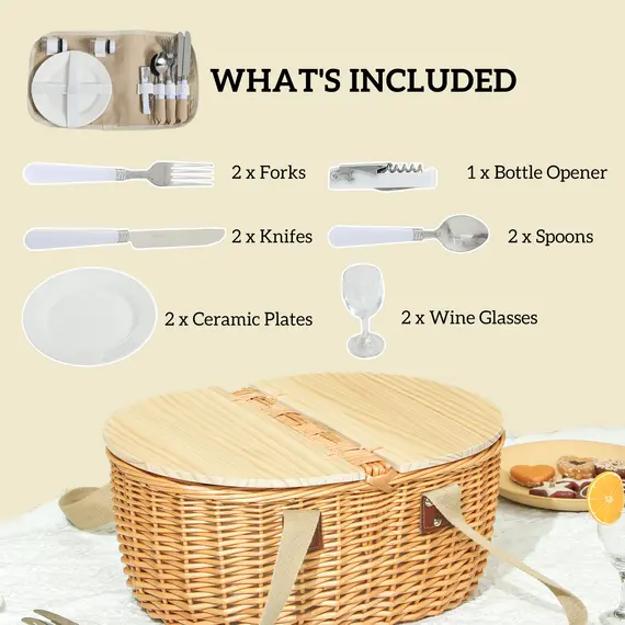 Buy Wicker Picnic Basket for 2 with Pine Wood Lid, Picnic Hamper with Cooler Compartment, Cutlery Service Kits, Carry Handle for Camping, Outdoor, Valentine Day, Chirtmas, Birthday, Light Brown, 4 image