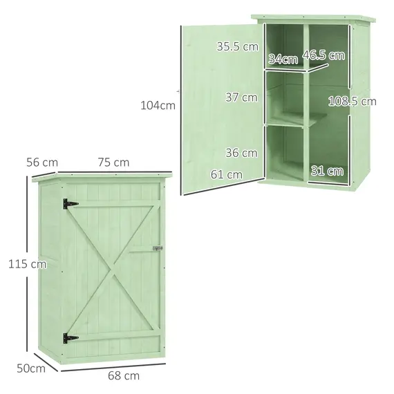 Buy Wooden Small Shed, Garden Storage Shed with Shelves and Bolt Latch, 75L x 56W x115H cm, Green, 3 image