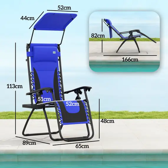 Buy Zero Gravity Lounger Chair Set of 2, Folding Reclining Patio Chair with Shade Cover, Cup Holder, Soft Cushion and Headrest for Poolside, Camping, Blue, 3 image
