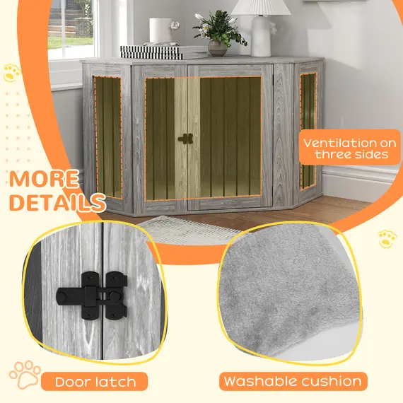 Buy 2 in 1 Dog Crate Furniture Side Table, with Cushion, 122 x 61 x 71cm - Grey, 6 image