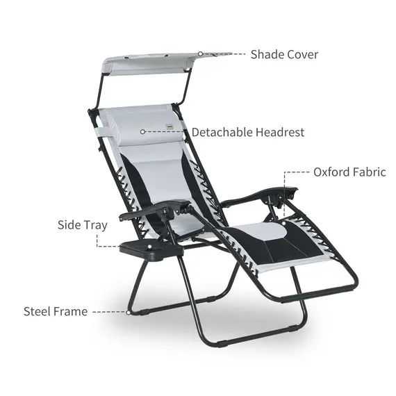 Buy Zero Gravity Lounger Chair, Folding Reclining Patio Chair with Shade Cover, Padded Seat, Cup Holder, Soft Cushion and Headrest for Poolside, Camping, Grey, 8 image