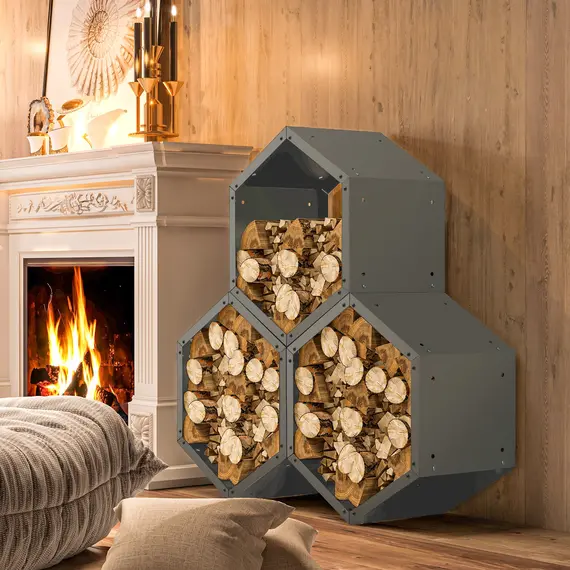 Buy Three-Shelf Hexagon Metal Firewood Rack - Grey, 7 image