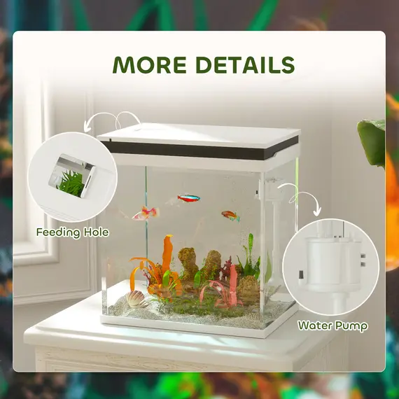 Buy 14L Glass Fish Tank with Filter System, LED Lights, Water Pump, White, 7 image