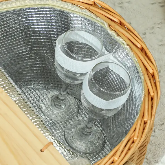 Buy Wicker Picnic Basket for 2 with Pine Wood Lid, Picnic Hamper with Cooler Compartment, Cutlery Service Kits, Carry Handle for Camping, Outdoor, Valentine Day, Chirtmas, Birthday, Light Brown, 8 image