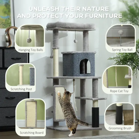 Buy 132cm Cat Tree w/ Scratching Posts, Pad, Cat Bed, Cat House, Jumping Platform, Grooming Brush, Anti-Tip Kit, Light Grey, 5 image