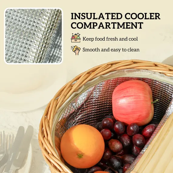 Buy Wicker Picnic Basket for 2 with Pine Wood Lid, Picnic Hamper with Cooler Compartment, Cutlery Service Kits, Carry Handle for Camping, Outdoor, Valentine Day, Chirtmas, Birthday, Light Brown, 5 image