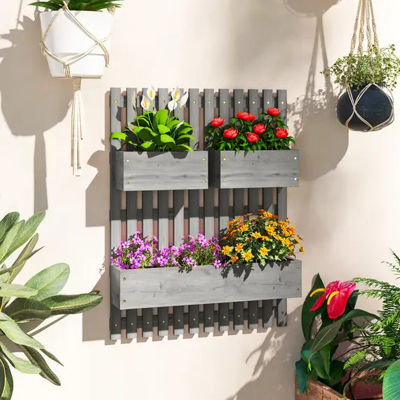 Buy Wall-mounted Wooden Garden Planters with Trellis, Drainage Holes and 3 Planter Boxes for Patio, Grey, 2 image