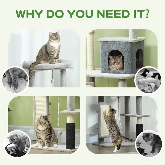Buy 132cm Cat Tree w/ Scratching Posts, Pad, Cat Bed, Cat House, Jumping Platform, Grooming Brush, Anti-Tip Kit, Light Grey, 7 image