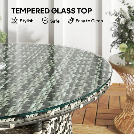 Buy Wicker Garden Rattan Table, Patio Furniture Outdoor Coffee Table with Umbrella Hole and Tempered Glass Top, Grey, 6 image