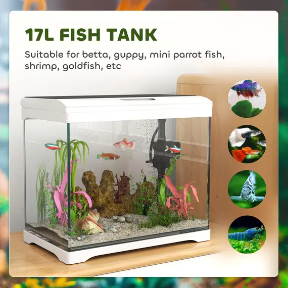 Buy 17L Glass Fish Tank with Filter System, LED Light, Water Pump, for Betta, Goldfish, Shrimps, White, 5 image