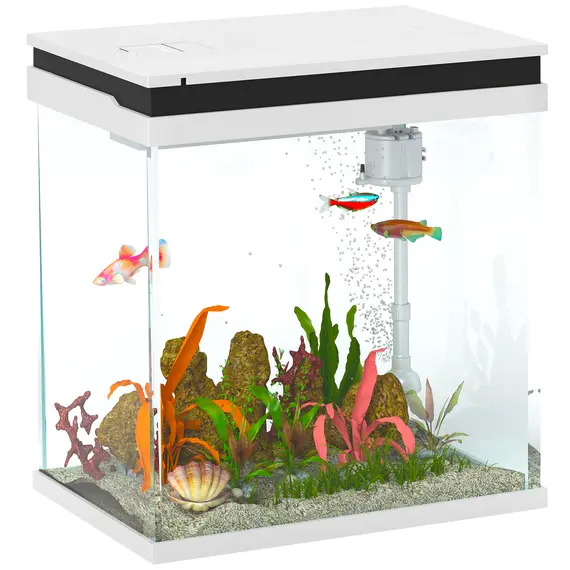 Buy 14L Glass Fish Tank with Filter System, LED Lights, Water Pump, White