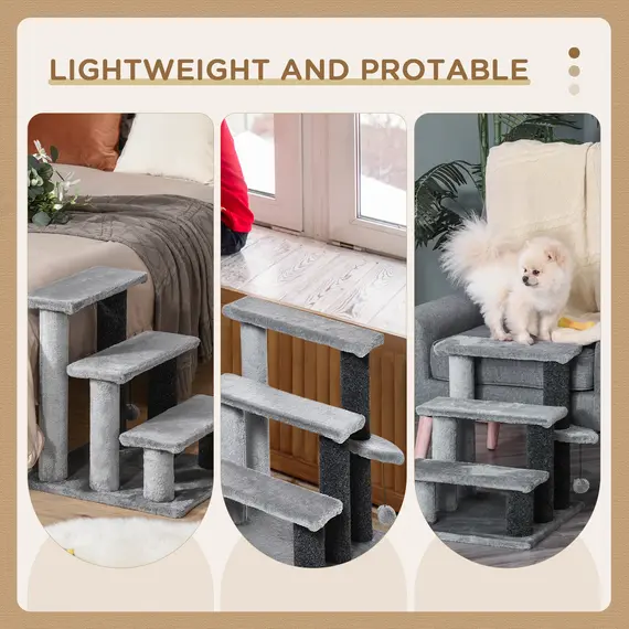 Buy 3-step Pet Stairs with Scratching Posts, Platforms, Toy Ball, Grey, 7 image