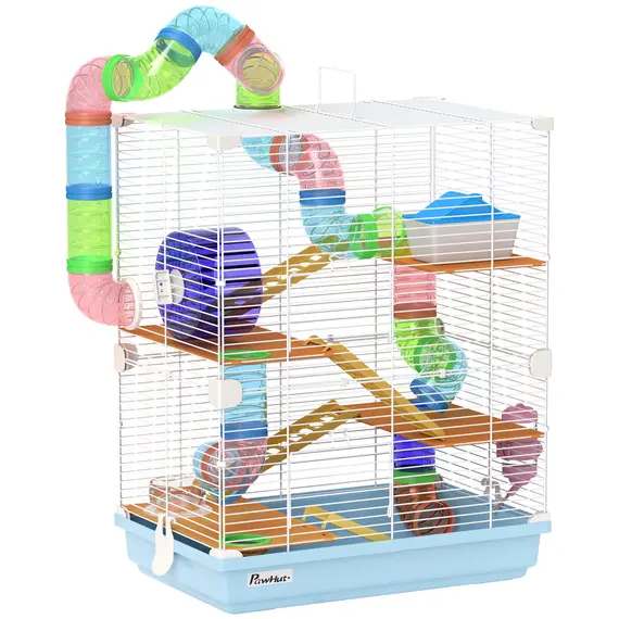 Buy 5 Tier Hamster Cage Carrier Habitat w/ Exercise Wheels, Tunnel, Light Blue