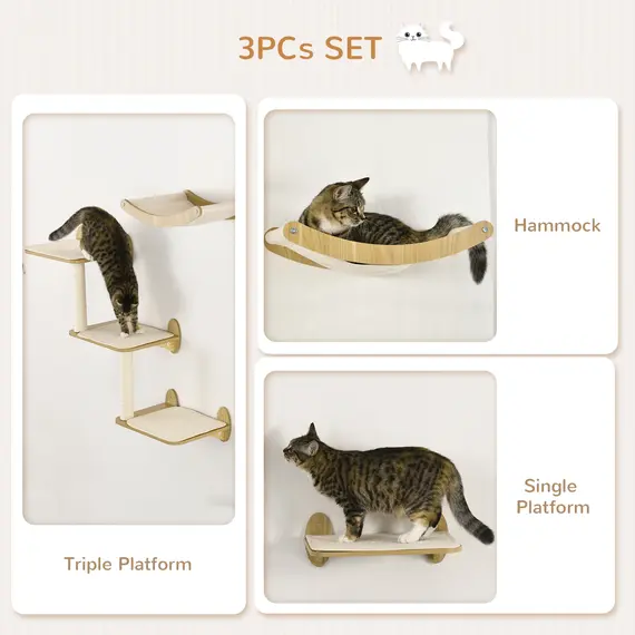 Buy 3PCs Wall-Mounted Cat Shelves, with Jumping Platforms, Hammock, Scratching Post - Oak Tone, 5 image