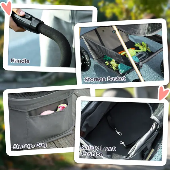 Buy 3 in 1 Pet Stroller, Folding 4 Wheels Dog Pram with Detachable Carrier for Mini Dogs Cats, Grey, 8 image