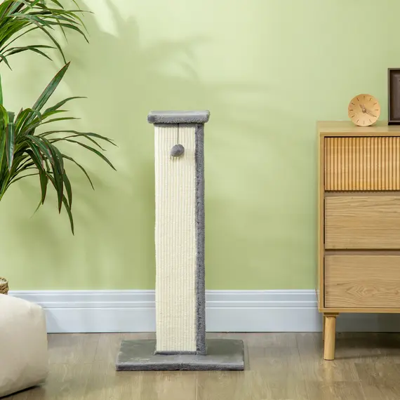 Buy 81cm Cat Scratcher, Vertical Full Scratcher w/ Natural Sisal Rope, Hanging Ball, Soft Plush - Grey, 8 image