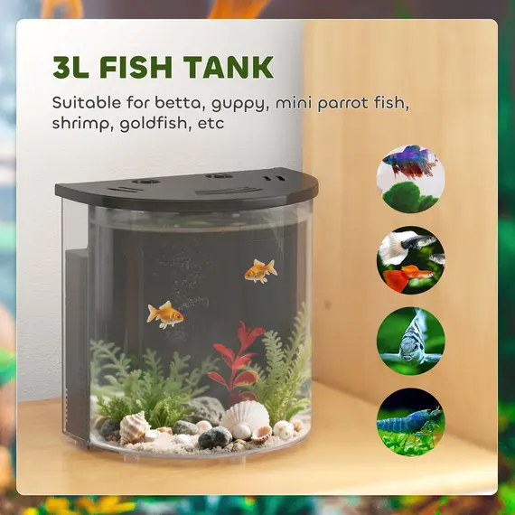 Buy 3L Small Fish Tank with Filter System, LED Light, Small Fish Tank for Betta, Goldfish, Shrimp, Black, 5 image