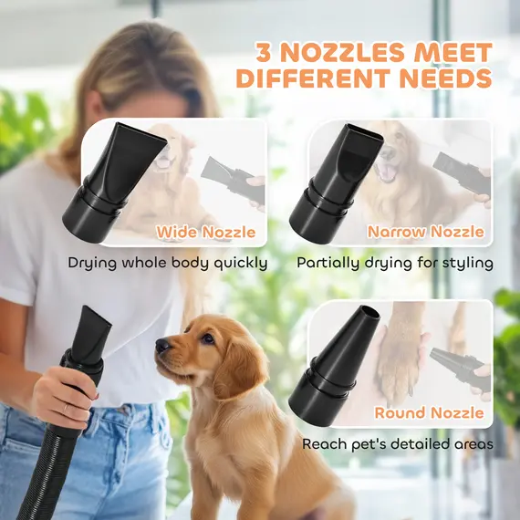 Buy 2200W Dog Hair Dryer with Adjustable Temperature & Velocity, 3 Different Nozzles, Black, 6 image