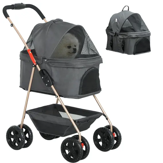 Buy 3 in 1 Pet Stroller, Folding 4 Wheels Dog Pram with Detachable Carrier for Mini Dogs Cats, Grey