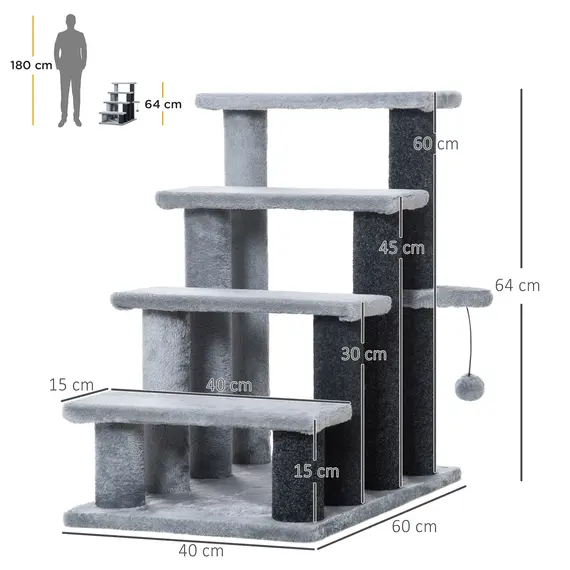 Buy 4-step Pet Stairs with Scratching Posts, Platforms, Toy Ball, Grey, 3 image