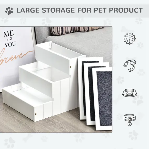 Buy 3 Step Wooden Dog Steps Pet Stairs for Dogs, Cat Ladder for Bed Couch with Storage White, 4 image