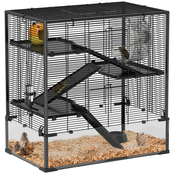 Buy 4 Tiers Hamster Cage with Deep Tempered Glass Bottom, Hut, Running Wheel, Food Dish, Water Bottle, 78.5 x 48.5 x 80cm