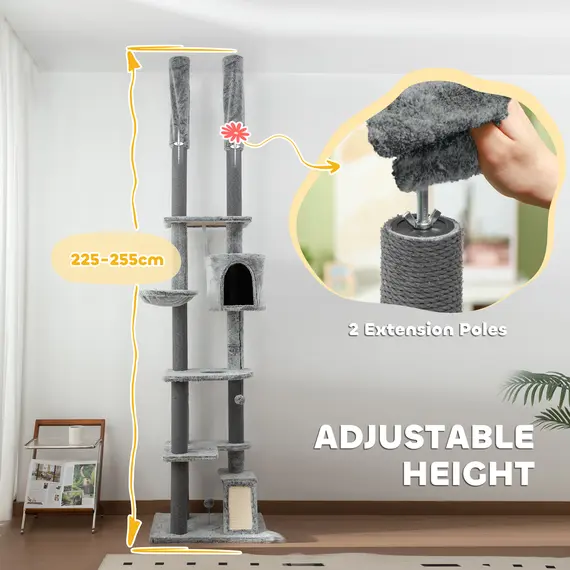 Buy 225-255cm Floor to Ceiling Cat Tree, Large Cat Tower w/ Cat Scratching Posts, Ramp, Cat House, 4 image