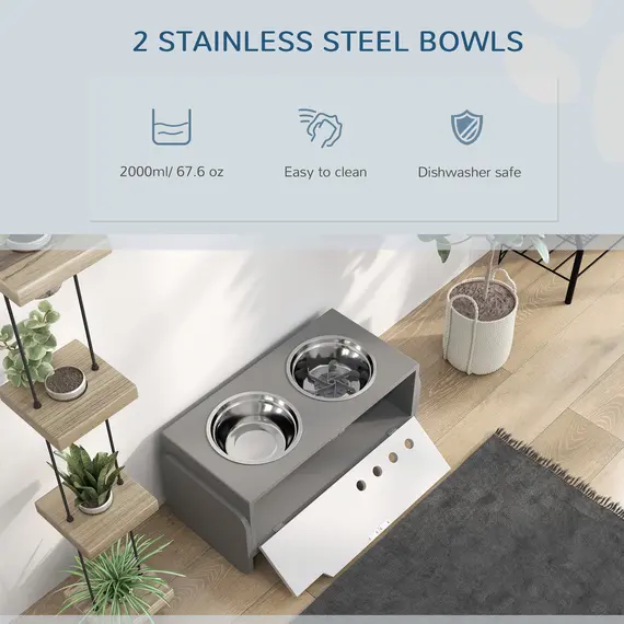 Buy 3 Height Adjustable Raised Dog Bowls, Dog Feeding Storage Station w/ Slow Feeder Mat, 2 Stainless Steel Bowls, 7 image