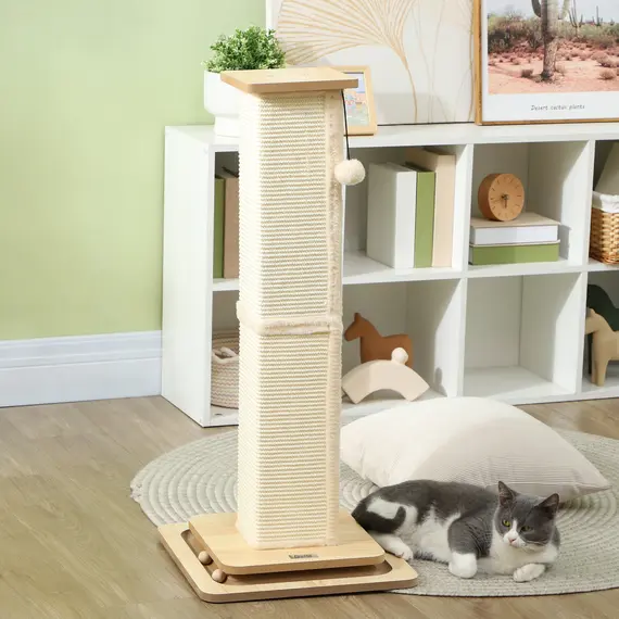 Buy 3-in-1 Cat Scratching Post, 87cm Cat Scratcher w/ Track Ball Toy, Oak Tone, 7 image