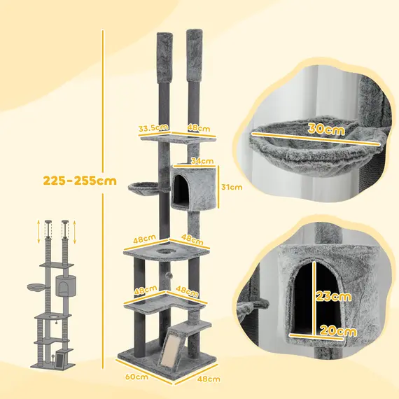 Buy 225-255cm Floor to Ceiling Cat Tree, Large Cat Tower w/ Cat Scratching Posts, Ramp, Cat House, 3 image
