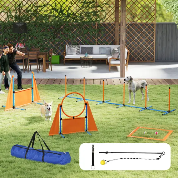 Buy 7-Piece Dog Agility Equipment Set with Weave Poles, Jump Ring and Hurdle, Pause Box and Carry Bag, Orange, 2 image