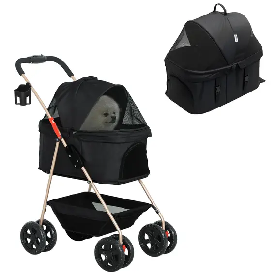 Buy 3 in 1 Pet Stroller, Folding 4 Wheels Dog Pram with Detachable Carrier for Mini Dogs Cats, Black