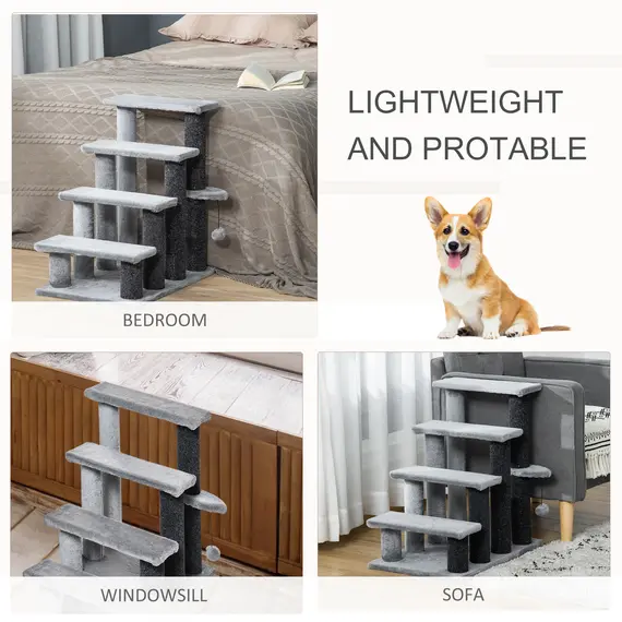 Buy 4-step Pet Stairs with Scratching Posts, Platforms, Toy Ball, Grey, 7 image