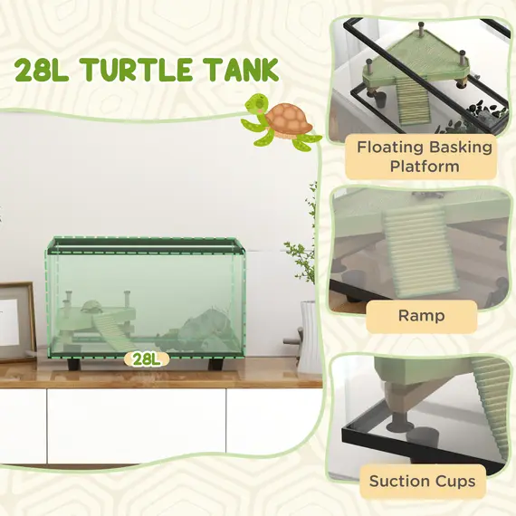 Buy 28L Glass Turtle Tank Aquarium with Basking Platform, Easy Drainage, Strip Patch Thermometer, 4 image