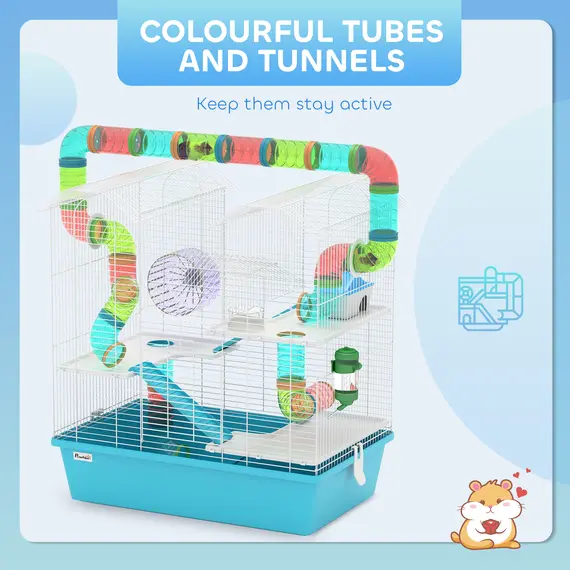 Buy 4 Tier Hamster Cage w/ Tubes, Exercise Wheel, Hut, Water Bottle, Food Dish, Ramps, for Drawf, 58 x 36 x 65cm, Light Blue, 5 image
