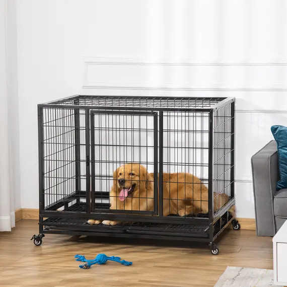 Buy 43" Heavy Duty Metal Dog Crate Pet Cage with Tray Wheeled Dog Kennel - Black (Large), 2 image