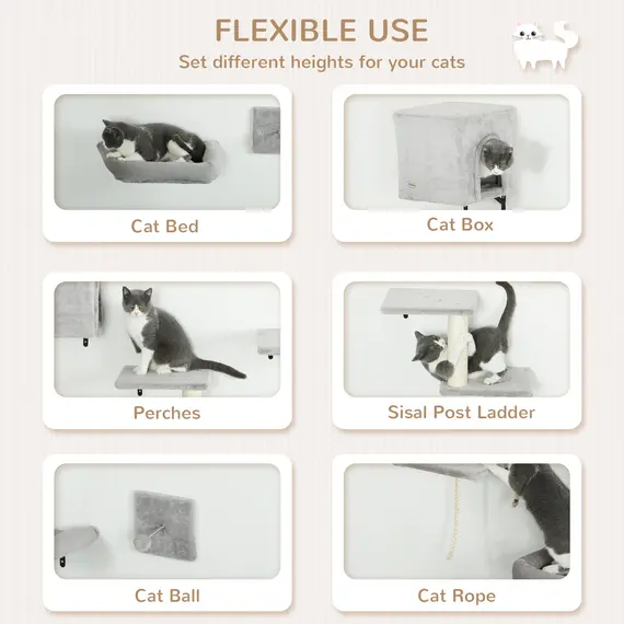 Buy 6-Piece Cat Wall Shelves Set with Condo, Cat Wall Furniture with Platforms, Sisal Scratching Post, Bed, Toy Ball, Grey, 4 image