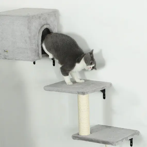 Buy 6-Piece Cat Wall Shelves Set with Condo, Cat Wall Furniture with Platforms, Sisal Scratching Post, Bed, Toy Ball, Grey, 9 image